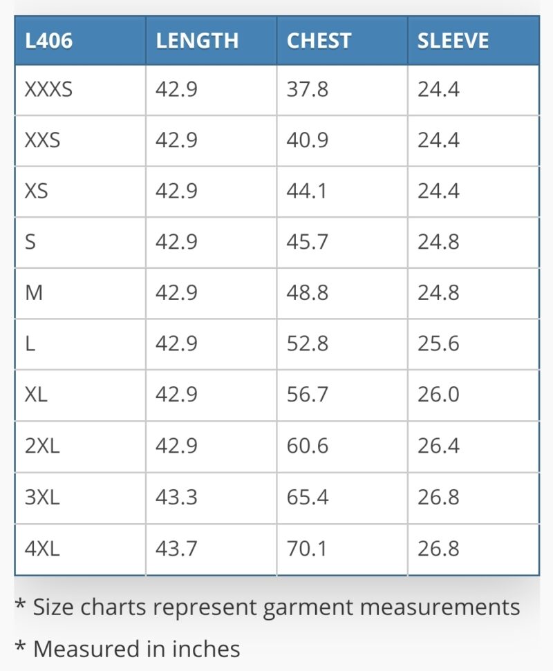 Landau Lab Coat Size Chart